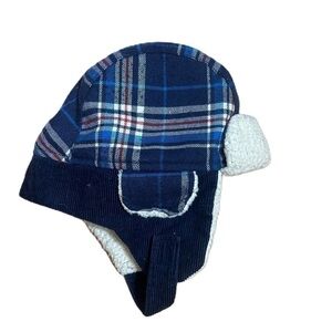 Blue Plaid Trapper Hat Kids Baby Boy Chin Strap Winter